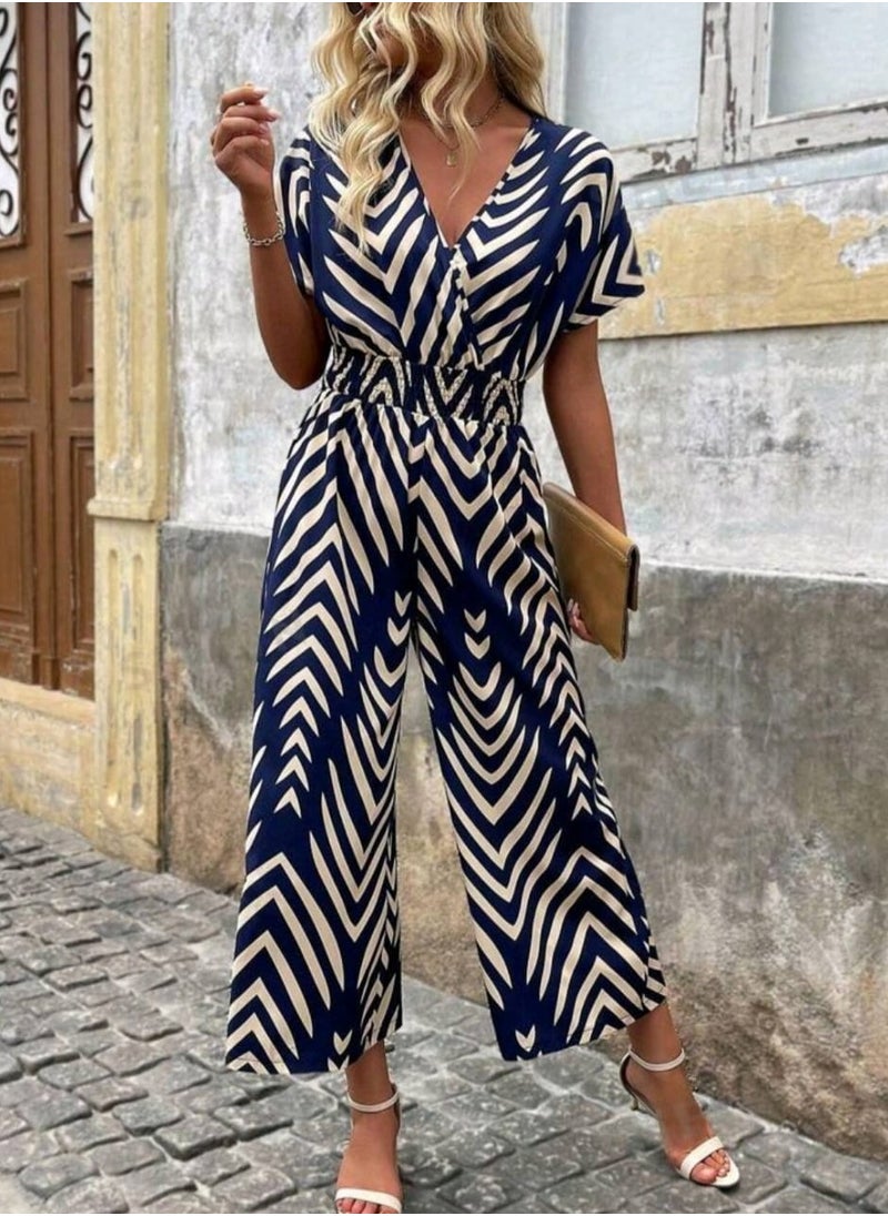 Shein SHEIN LUNE Women's Shirred Batwing Sleeve Printed Jumpsuit, With Gathered Waist  - Image 1