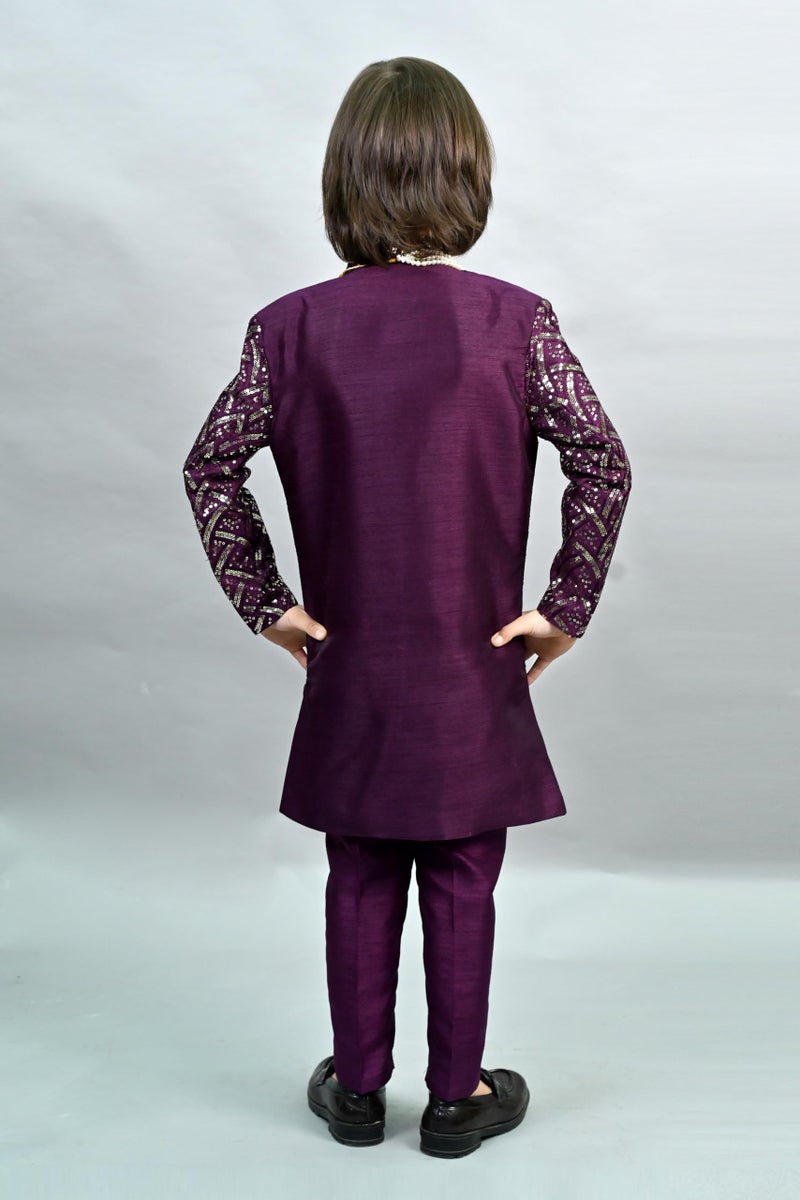 AHHAAAA Royal Prince Sequin Embroidered Silk Blend Sherwani for Boys | Wedding & Festival Ethnic Wear ||Wine, 4-5 Years| - Image 3