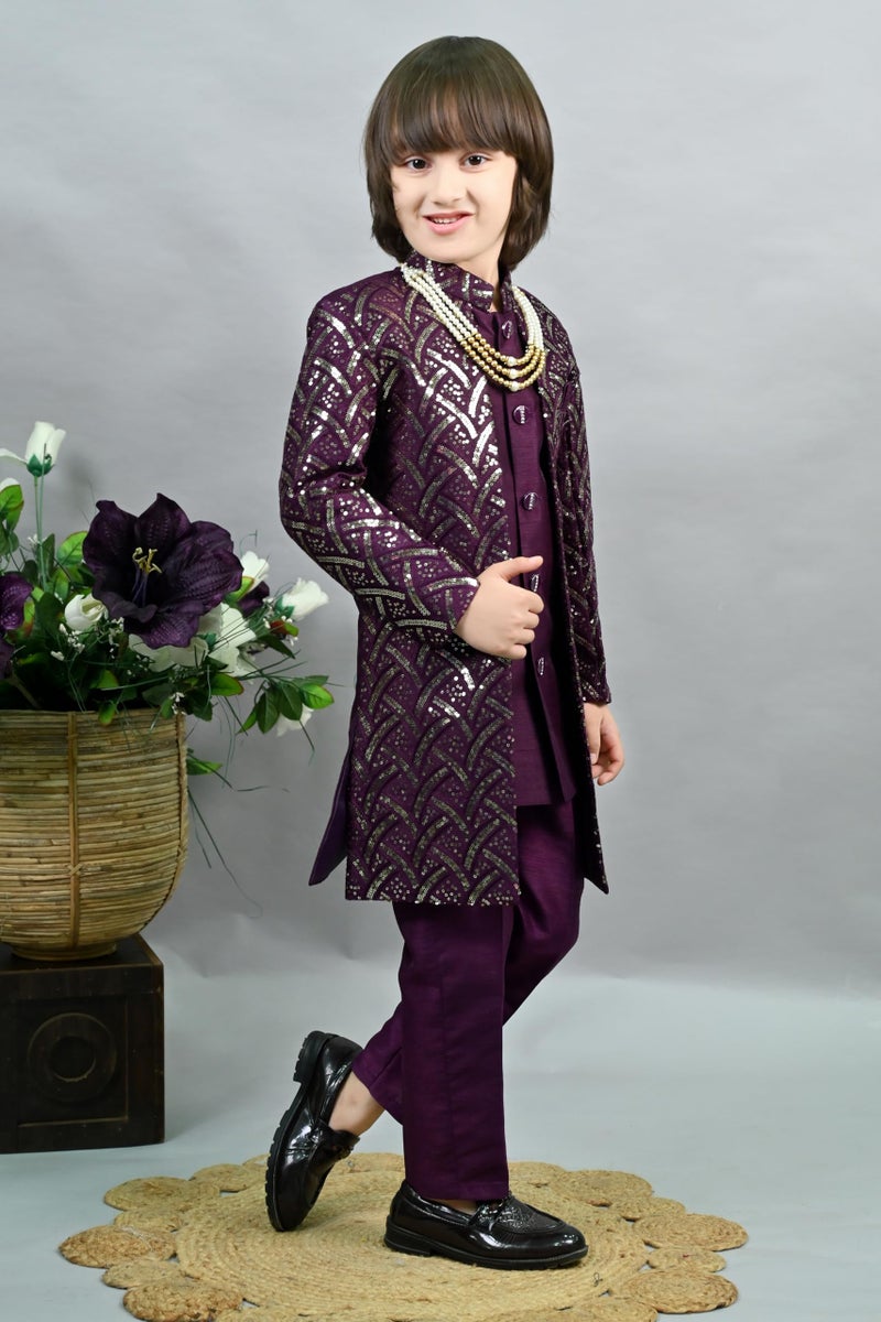 AHHAAAA Royal Prince Sequin Embroidered Silk Blend Sherwani for Boys | Wedding & Festival Ethnic Wear ||Wine, 4-5 Years| - Image 5