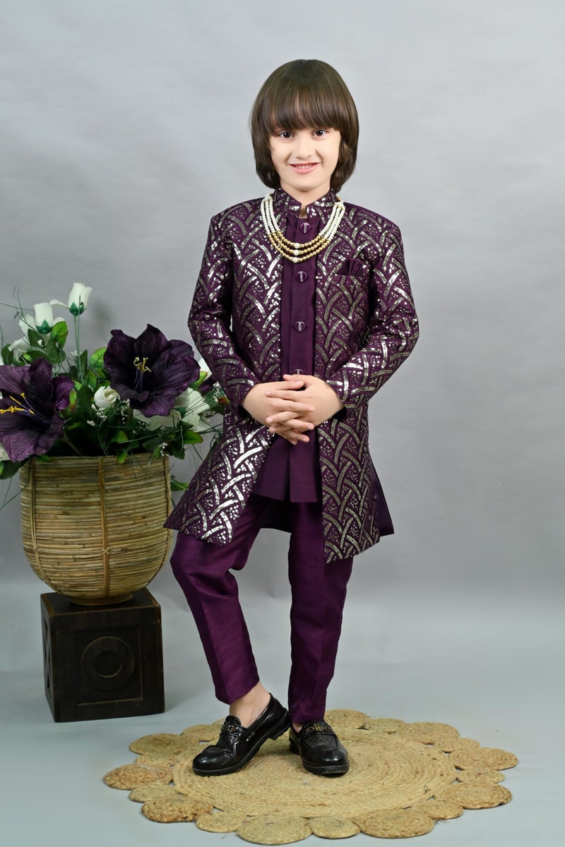 AHHAAAA Royal Prince Sequin Embroidered Silk Blend Sherwani for Boys | Wedding & Festival Ethnic Wear ||Wine, 4-5 Years| - Image 2