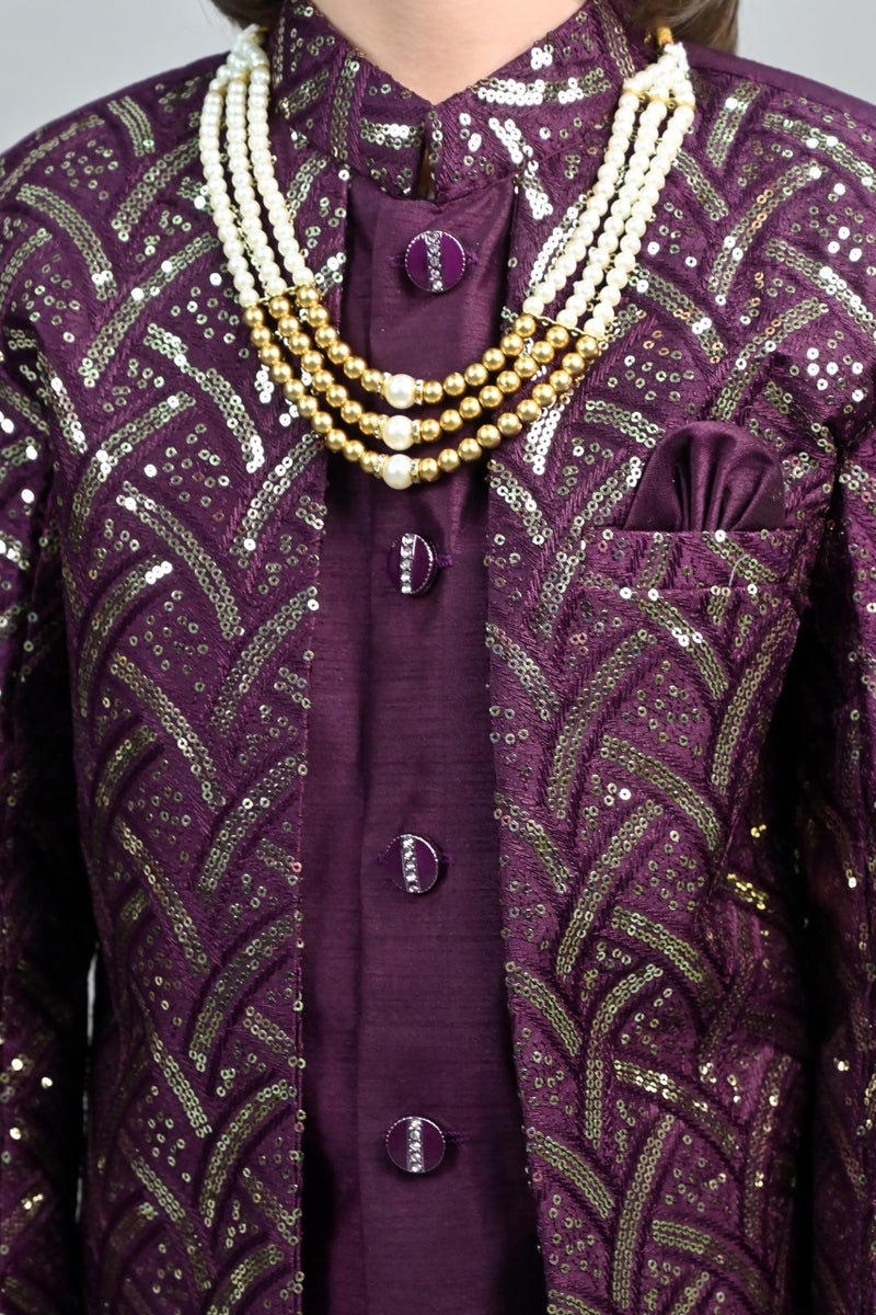 AHHAAAA Royal Prince Sequin Embroidered Silk Blend Sherwani for Boys | Wedding & Festival Ethnic Wear ||Wine, 4-5 Years| - Image 4