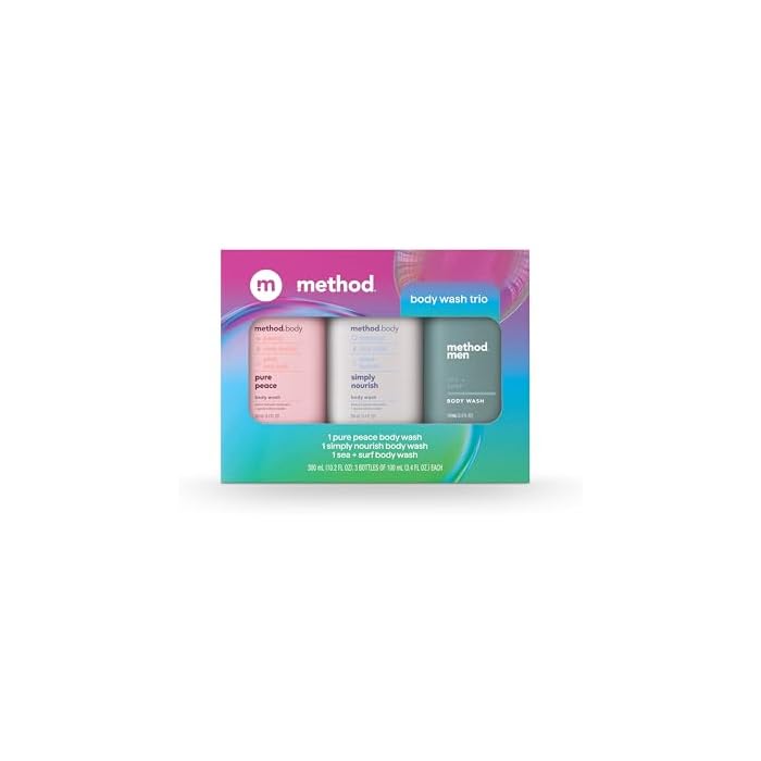 Method Body Wash Gift Set, Pure Peace, Simply Nourish and Sea + Surf, 3.4 oz Travel Size Bottles