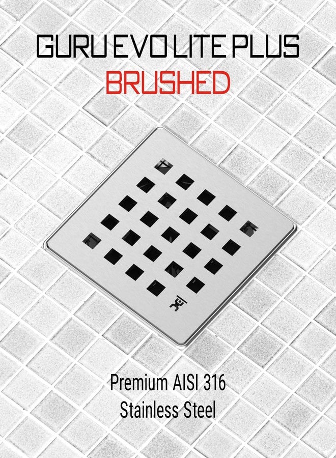 GURU USA Evo Lite Plus Square Stainless Steel Shower Drain with ABS Base & Hair Strainer, Bathroom Accessories for Shower Floor Drainage, Plus Brushed - Image 2