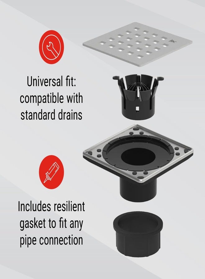GURU USA Evo Lite Plus Square Stainless Steel Shower Drain with ABS Base & Hair Strainer, Bathroom Accessories for Shower Floor Drainage, Plus Brushed - Image 5