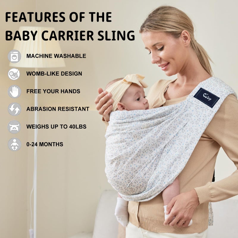 CUBY Wrap Baby Sling Carrier, Baby Wraps Sling Carrier Adjustable Breathable Lightweight Easy to Wearing - Baby Slings for Newborn Infant Toddler Front & Hip Carry Up to 40lbs (Blue Flower) - Image 2