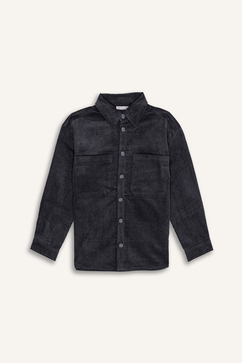 DeFacto Grey Boy Boy Oversize Polo Collar Velvet Shirt Casual - Image 1
