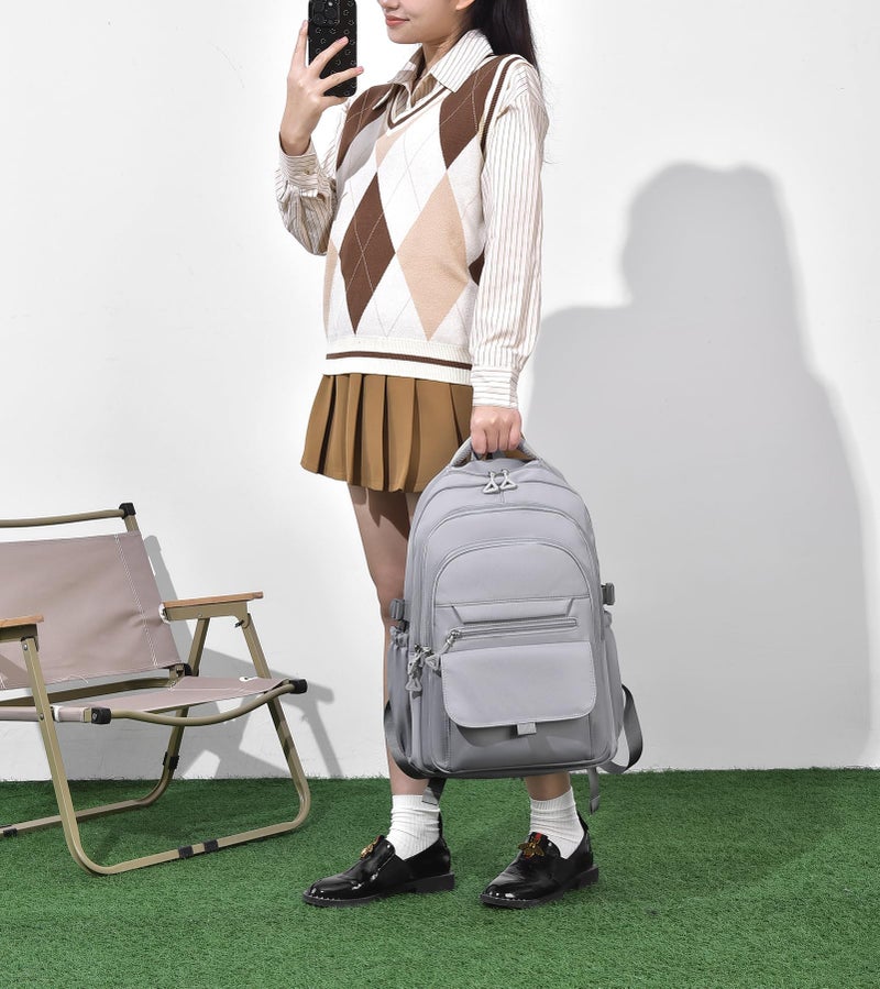 Xfopz Girls Backpack for College High Middle School Student, Cute Aesthetic Bookbag for Teens Women with Accessories, Waterproof Multi-Pocket Kawaii Laptop Bag for Student (Grey) - Image 2