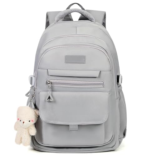 Xfopz Girls Backpack for College High Middle School Student, Cute Aesthetic Bookbag for Teens Women with Accessories, Waterproof Multi-Pocket Kawaii Laptop Bag for Student (Grey) - Image 1
