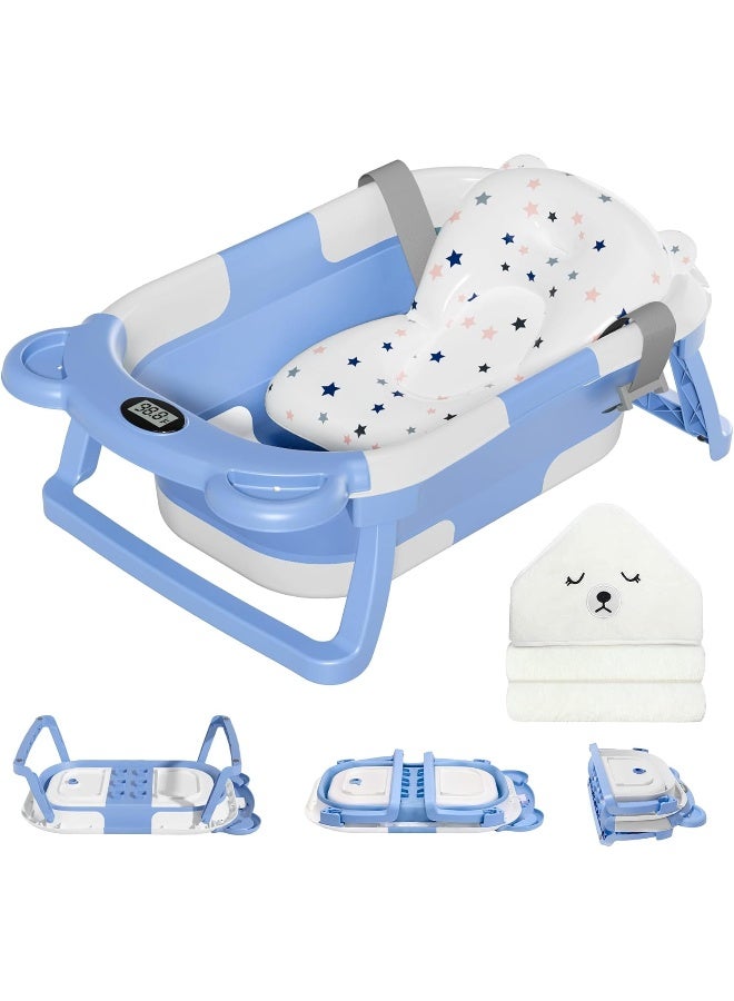 MoreFeel Collapsible Baby Bathtub for Newborn with Thermometer & 1 Hooded Towel & 1 Soft Floating Cushion - Image 1