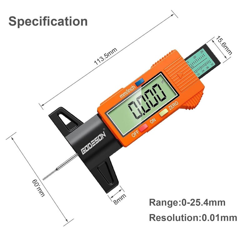 GODESON Tire Tread Depth Gauge,Digital Tire Tread Depth Gauge with Color-Coded Bar,Tread Depth Gauge in 1 Inch/25.4 mm,Tire Depth Gauge with Large LCD Display Suitable for All Vehicle Tires-Orange - Image 3