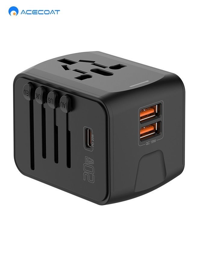 HOMESTAR Universal Travel Adapter, International Plug Adapter with 2 USB-A & 1 USB-C Ports, Power Worldwide, All-in-One Wall Charger for USA EU UK AUS Black - Image 1