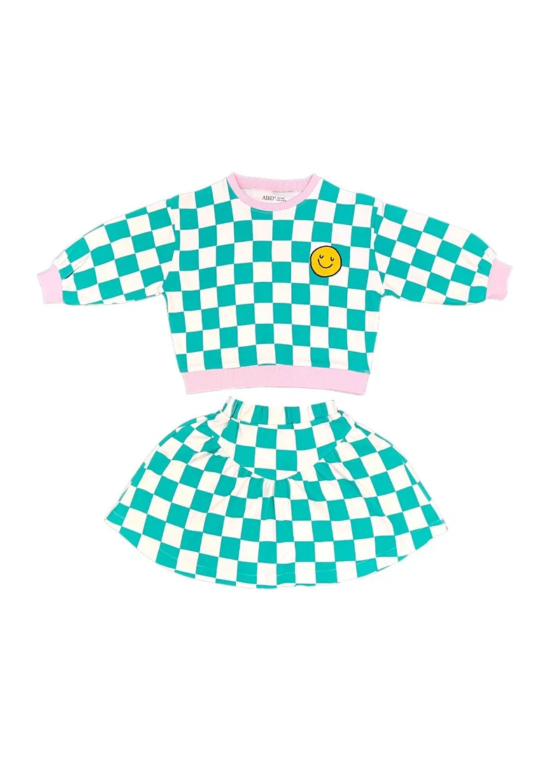 ايكو AIKO - Girls Green and White Long Sleeve Checked T-Shirt and Skirt Set