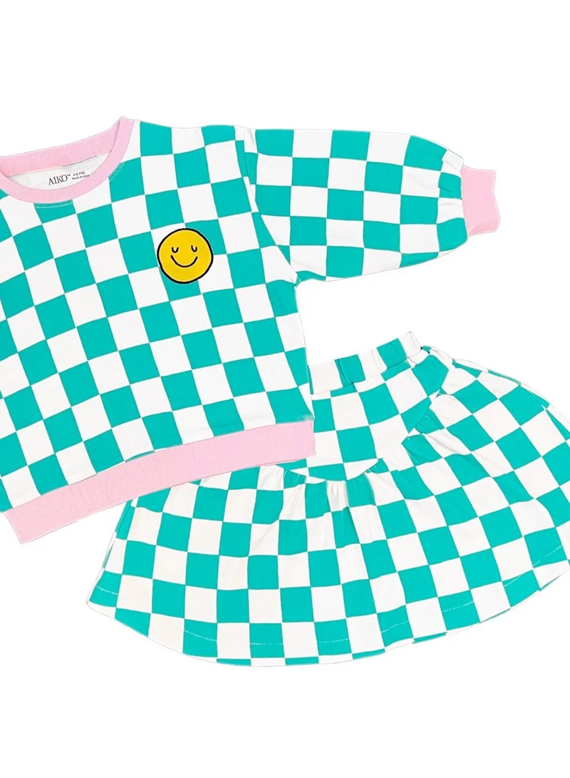 ايكو AIKO - Girls Green and White Long Sleeve Checked T-Shirt and Skirt Set
