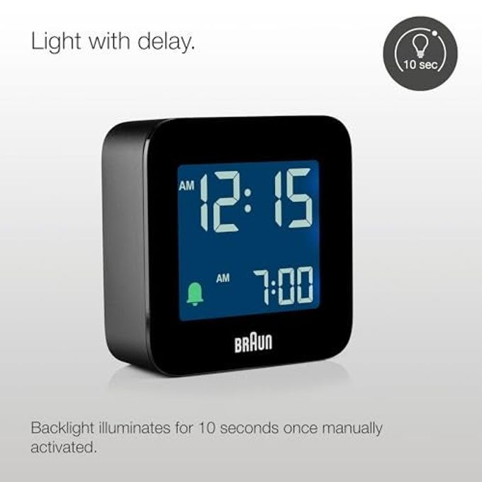 BRAUN Digital Travel Alarm Clock with Snooze, Compact Size, Negative LCD Display, Quick Set, Crescendo Beep Alarm in Black, Model BC08B (1-Pack) - Image 3