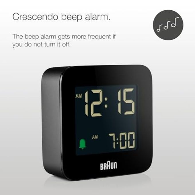 BRAUN Digital Travel Alarm Clock with Snooze, Compact Size, Negative LCD Display, Quick Set, Crescendo Beep Alarm in Black, Model BC08B (1-Pack) - Image 5