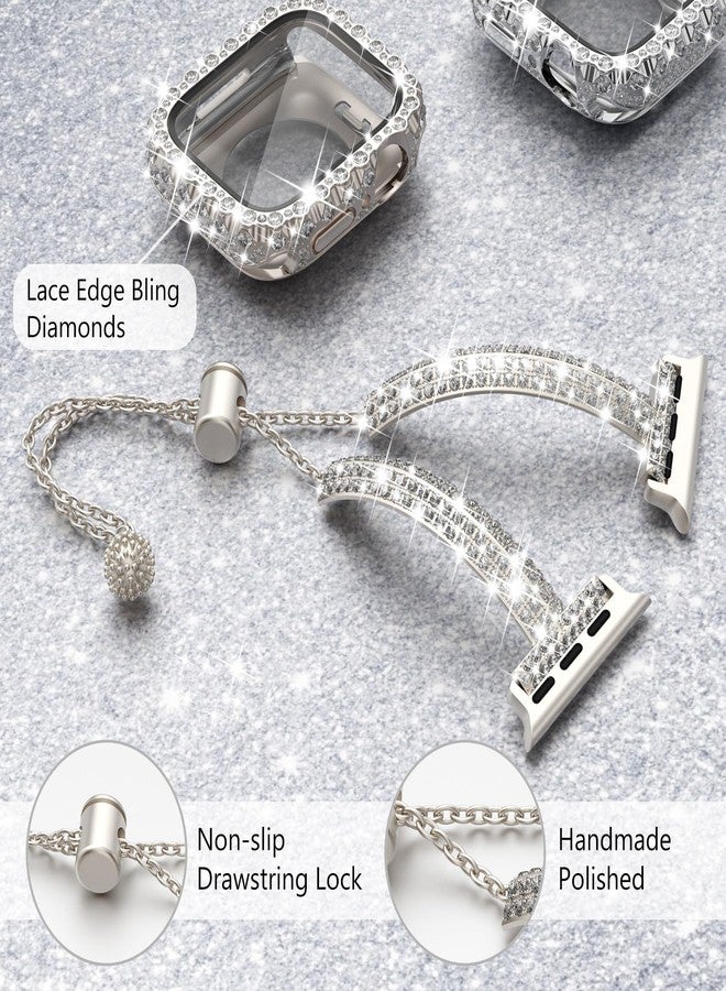 Wingle Bling Band for Apple Watch Bands Women 40mm SE 3/2/1 Series 6 5 4, Diamond Rhinestone Metal Jewelry Bracelet Band with 2 in 1 Waterproof Glitter Case Lace Edge Cover Screen Protector, Starlight - Image 3