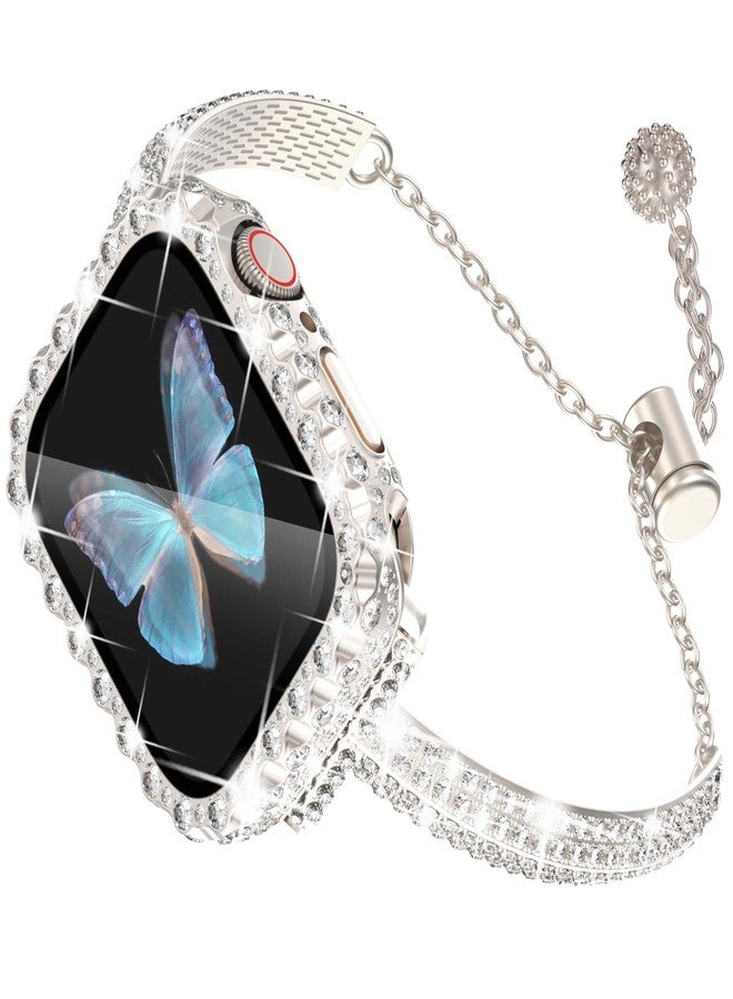 Wingle Bling Band for Apple Watch Bands Women 40mm SE 3/2/1 Series 6 5 4, Diamond Rhinestone Metal Jewelry Bracelet Band with 2 in 1 Waterproof Glitter Case Lace Edge Cover Screen Protector, Starlight - Image 1