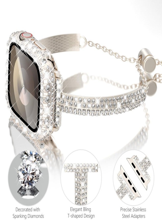 Wingle Bling Band for Apple Watch Bands Women 40mm SE 3/2/1 Series 6 5 4, Diamond Rhinestone Metal Jewelry Bracelet Band with 2 in 1 Waterproof Glitter Case Lace Edge Cover Screen Protector, Starlight - Image 2