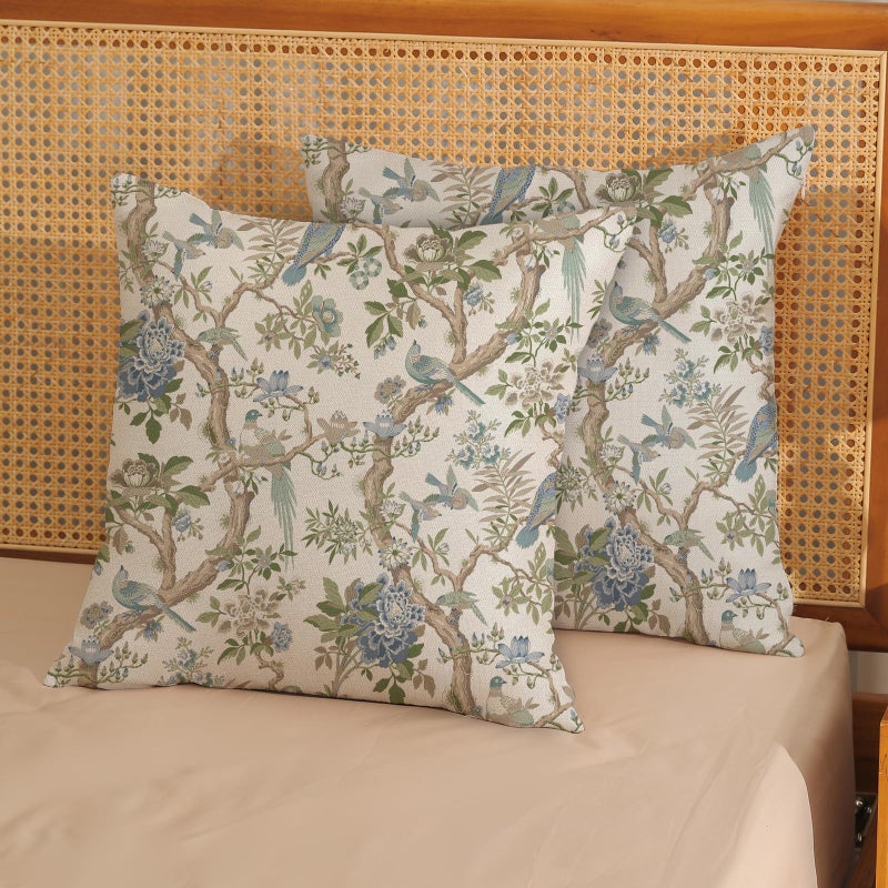 DAFENA Chinoiserie Pillow Covers 18x18 Inch 2 Pcs Sage Green Blue Floral Birds Outdoor Decor Throw Pillows Spring Summer Vintage Flower Seasonal Decoration Pillowcase Linen Cushion Cover for Couch - Image 2