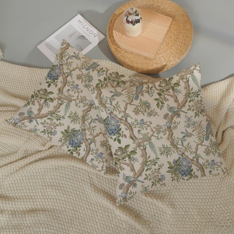 DAFENA Chinoiserie Pillow Covers 18x18 Inch 2 Pcs Sage Green Blue Floral Birds Outdoor Decor Throw Pillows Spring Summer Vintage Flower Seasonal Decoration Pillowcase Linen Cushion Cover for Couch - Image 5