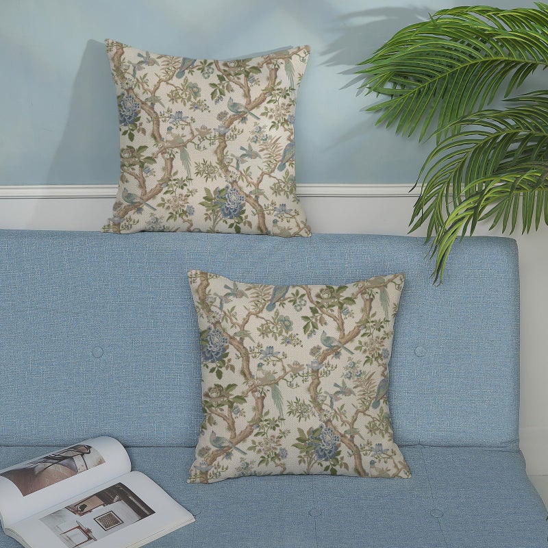 DAFENA Chinoiserie Pillow Covers 18x18 Inch 2 Pcs Sage Green Blue Floral Birds Outdoor Decor Throw Pillows Spring Summer Vintage Flower Seasonal Decoration Pillowcase Linen Cushion Cover for Couch - Image 3