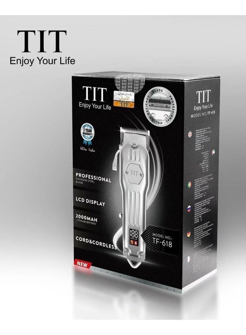 تي اي تي ماكينة قص الشعر TIT TF-618 الفاخرة القابلة لإعادة الشحن للحلاقين والاستخدام المنزلي - محرك عالي الأداء، وشاشة LCD متقدمة، ووضعي طاقة مزدوجين - Image 3