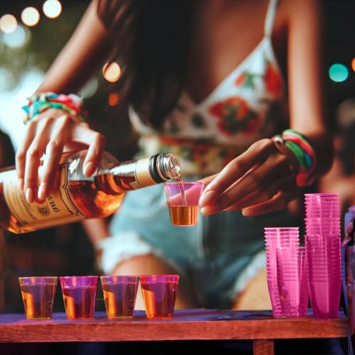 Party Essentials Hard Plastic 2-Ounce Shot/Shooter Glasses, Neon Pink, 50 Count - Image 3