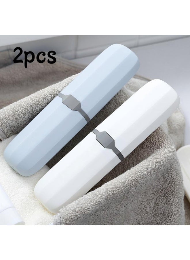 Portable Toothbrush Case 2Pcs Set (White + Light Blue), Travel Dust-Proof Holder, Multi-Use for Utensils & Stationery - Image 1
