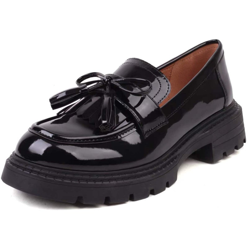 Masika British Style Women's Fashion Loafers, Patent Leather Tassel Loafers, Black Thick-Soled Loafers, Slip-on Thick-Soled Loafers, Simple Casual Flat Shoes,002black,size7.5â€¦ - Image 1