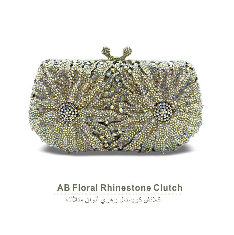 Floral Crystal Rhinestone Evening Clutch Bag, Bow Metal Frame Formal Party Handbag Women Wedding Dinner Purse