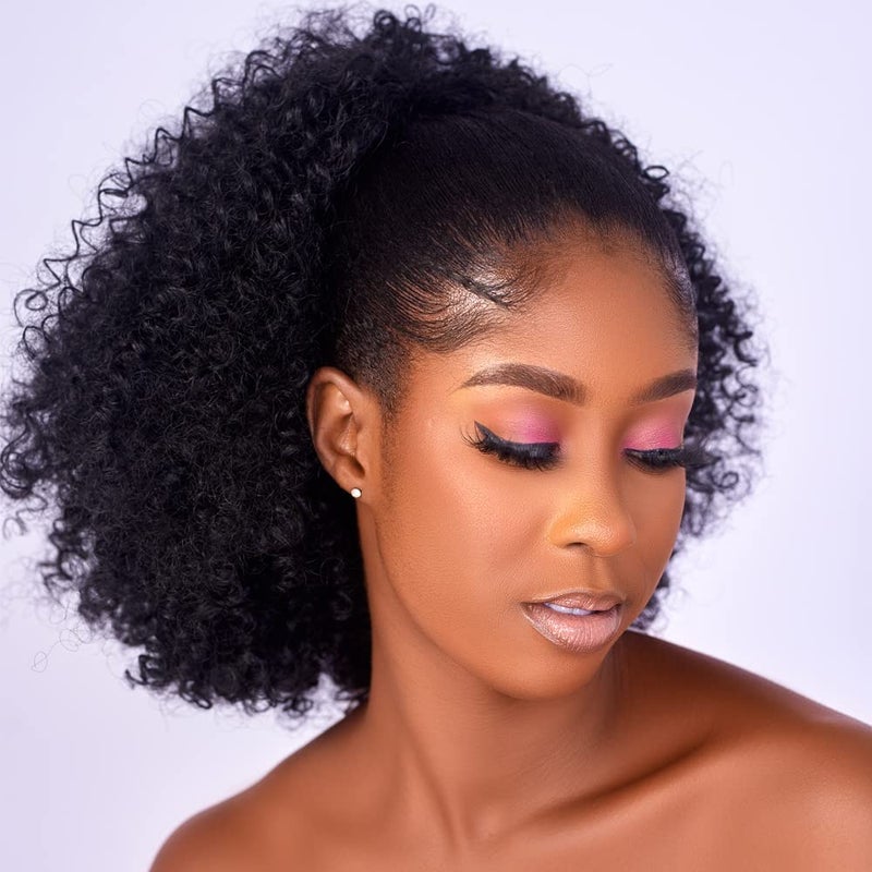 CECINILL Afro Puff kinky curly Drawstring Ponytail Extension for Black Women Synthetic Short Afro Kinkys Curly Afro Bun Extension Hairpieces Updo Hair Extensions with Two Clips(1B) - Image 4