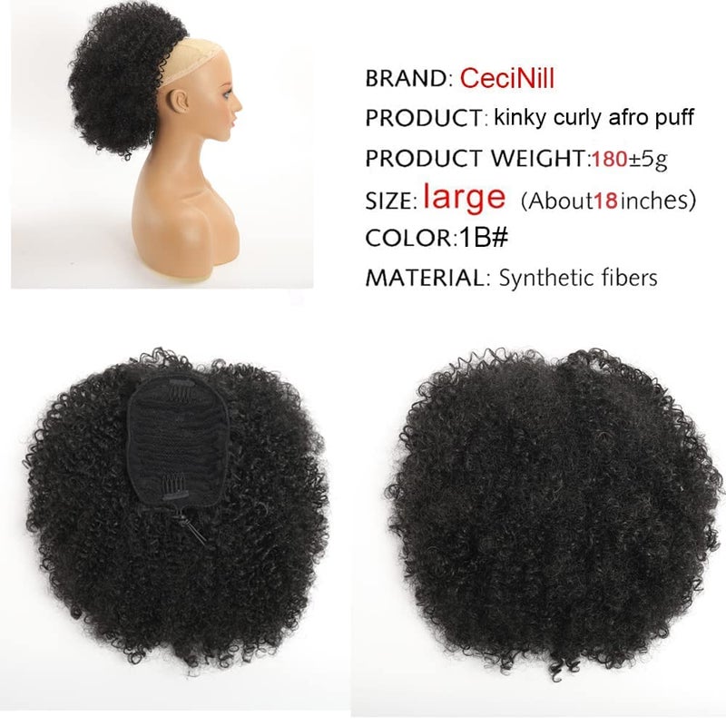 CECINILL Afro Puff kinky curly Drawstring Ponytail Extension for Black Women Synthetic Short Afro Kinkys Curly Afro Bun Extension Hairpieces Updo Hair Extensions with Two Clips(1B) - Image 2