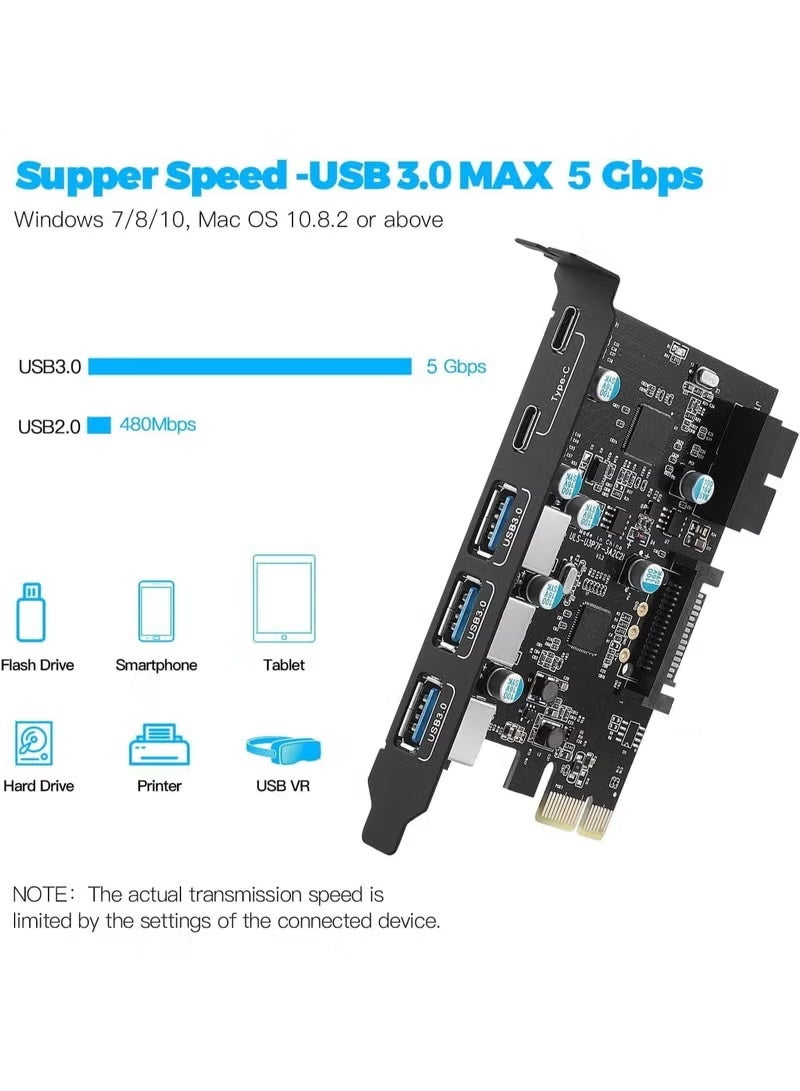 PCIe x1 to USB 3.0 Expansion Card with 3 USB-A Ports, 2 USB-C Ports and 19-Pin Internal Header, Up to 5Gbps for Desktop PCs - Image 2