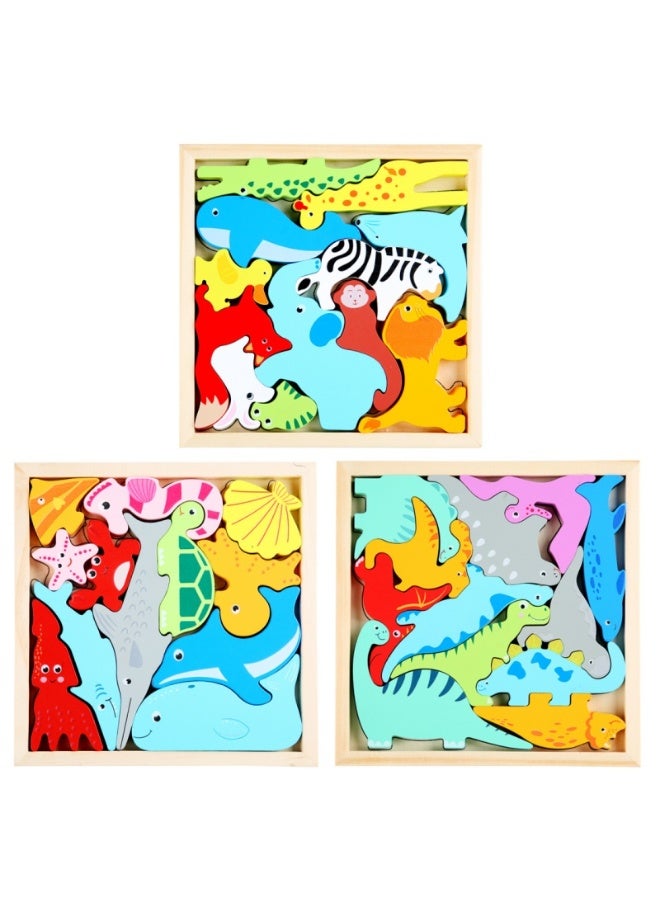 مجموعة ألغاز خشبية كرتونية ثلاثية الأبعاد 3 في 1 | لعبة مونتيسوري بقطع كبيرة للأطفال من عمر 2–5 سنوات | لغز تفاعلي بين الوالدين والطفل (حيوانات البحر + حيوانات الغابة + الديناصورات) - Image 1