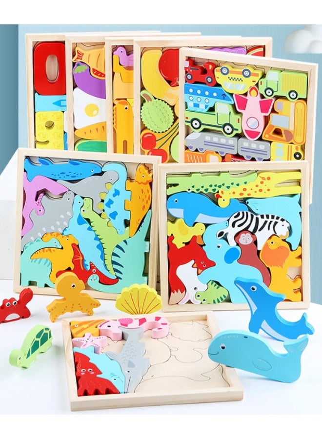 مجموعة ألغاز خشبية كرتونية ثلاثية الأبعاد 3 في 1 | لعبة مونتيسوري بقطع كبيرة للأطفال من عمر 2–5 سنوات | لغز تفاعلي بين الوالدين والطفل (حيوانات البحر + حيوانات الغابة + الديناصورات) - Image 2