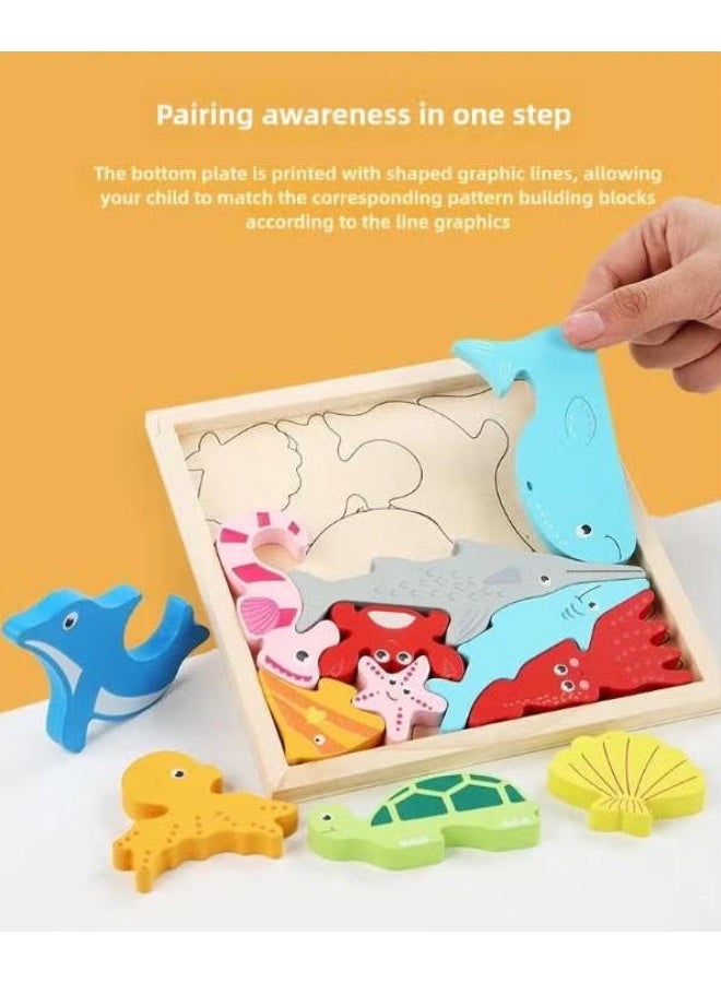 مجموعة ألغاز خشبية كرتونية ثلاثية الأبعاد 3 في 1 | لعبة مونتيسوري بقطع كبيرة للأطفال من عمر 2–5 سنوات | لغز تفاعلي بين الوالدين والطفل (حيوانات البحر + حيوانات الغابة + الديناصورات) - Image 4