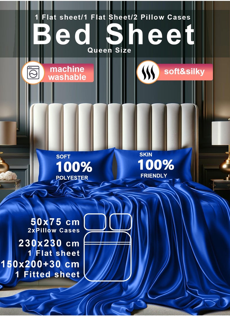 Arabest - 4 Piece Sheet & Pillowcase Sets Full Bedding Set 1 Flat Sheet 1 Fitted Sheet  2 Pillow Cases (50*75) Silky Satin blue - Image 1