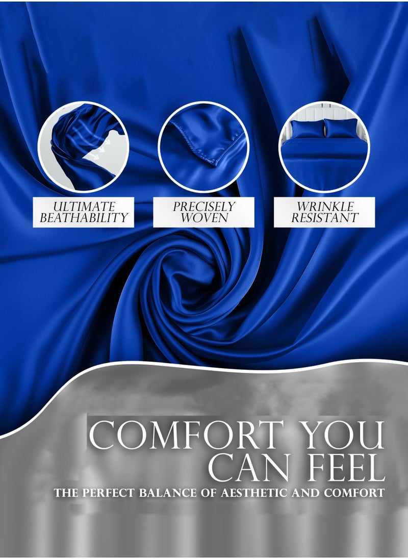 Arabest - 4 Piece Sheet & Pillowcase Sets Full Bedding Set 1 Flat Sheet 1 Fitted Sheet  2 Pillow Cases (50*75) Silky Satin blue - Image 1