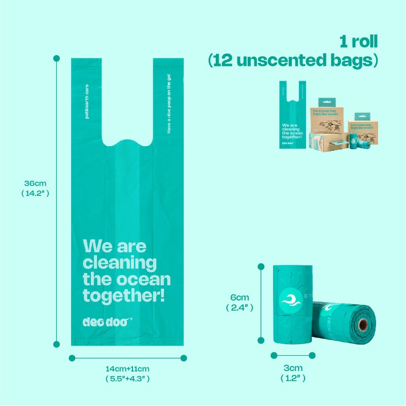 Deo Doo Dog Poop Bags with Handles 100% PCR from Ocean 12 Rolls 144 Counts Big Sizes Leak Proof and Extra Thick Waste Bags Refill Rolls for Walking Small Medium Large Dogs Cats Litter Unscented - Image 3