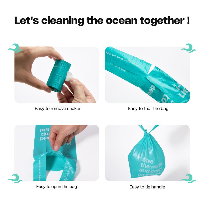 Deo Doo Dog Poop Bags with Handles 100% PCR from Ocean 12 Rolls 144 Counts Big Sizes Leak Proof and Extra Thick Waste Bags Refill Rolls for Walking Small Medium Large Dogs Cats Litter Unscented - Image 4