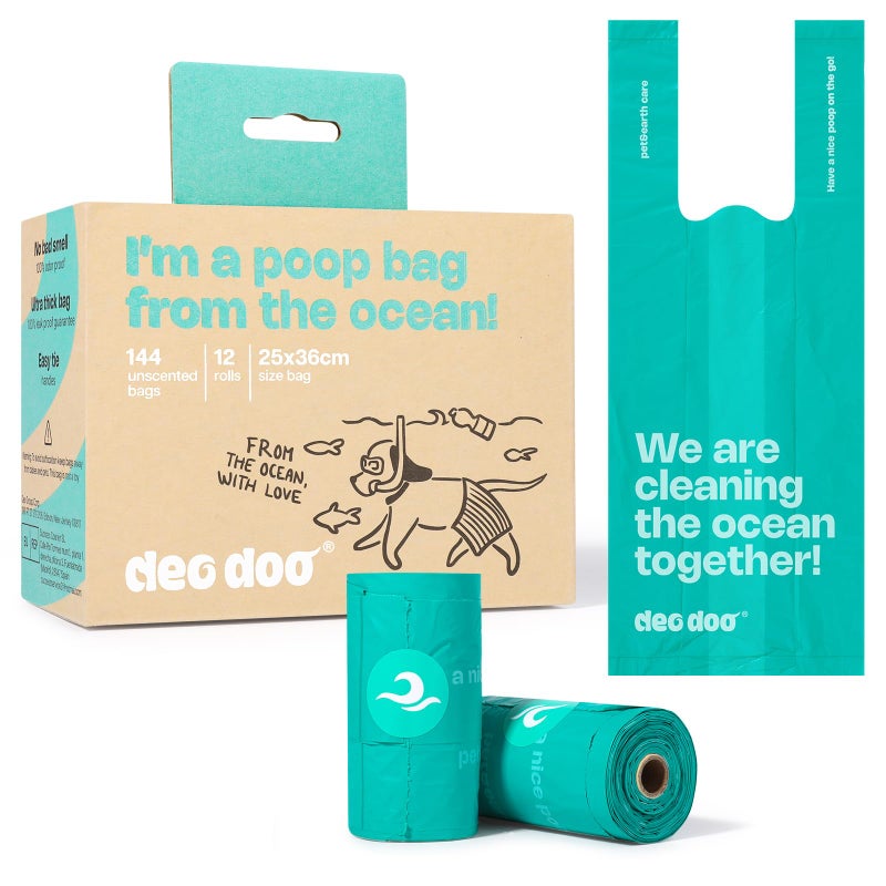 Deo Doo Dog Poop Bags with Handles 100% PCR from Ocean 12 Rolls 144 Counts Big Sizes Leak Proof and Extra Thick Waste Bags Refill Rolls for Walking Small Medium Large Dogs Cats Litter Unscented - Image 1