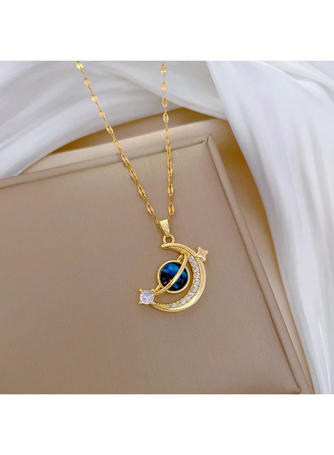 Enchanting Gold Tone Star and Moon Pendant Necklace with Blue Gemstone, Gold Plated Titanium Steel, Rhinestone Accents, Celestial Crescent Moon Design, Elegant and Mystical Style, Ideal for Evening Parties, Special Occasions, or Gifting, Exquisite Fashion Jewelry for Women