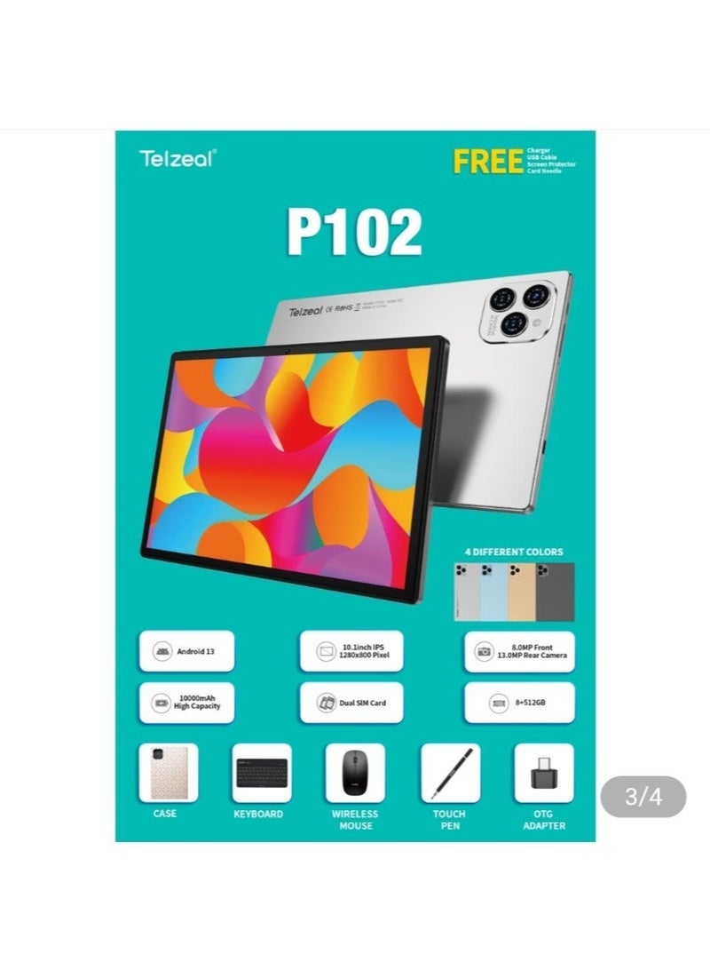 Telzeal P102 10.1-Inch Android 13 Tablet with 8GB RAM & 512GB Storage, 5G WiFi & Dual SIM 4G LTE, 10000mAh Battery, Wireless Keyboard & Mouse, Slim High-Performance Gold Design - Image 3
