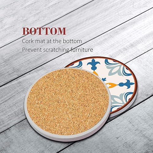 Bribay Coaster for Drinks Set of 6, Colorful Ceramic Talavera Flower Vintage Absorbent Round Ceramic Stone Mat, with Cork Base and Metal Holder, Gift for Housewarming Room Bar Decor - Image 2