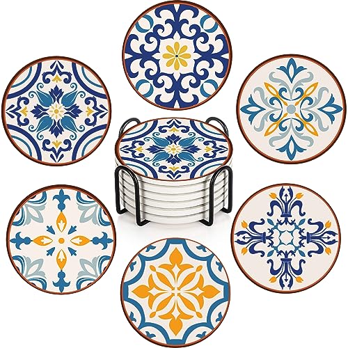Bribay Coaster for Drinks Set of 6, Colorful Ceramic Talavera Flower Vintage Absorbent Round Ceramic Stone Mat, with Cork Base and Metal Holder, Gift for Housewarming Room Bar Decor - Image 1