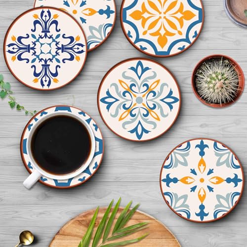 Bribay Coaster for Drinks Set of 6, Colorful Ceramic Talavera Flower Vintage Absorbent Round Ceramic Stone Mat, with Cork Base and Metal Holder, Gift for Housewarming Room Bar Decor - Image 5