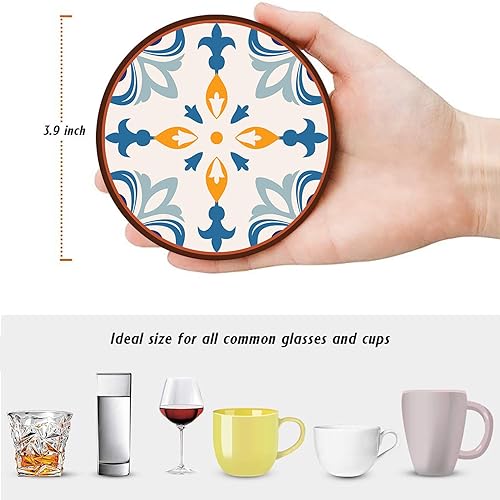 Bribay Coaster for Drinks Set of 6, Colorful Ceramic Talavera Flower Vintage Absorbent Round Ceramic Stone Mat, with Cork Base and Metal Holder, Gift for Housewarming Room Bar Decor - Image 4