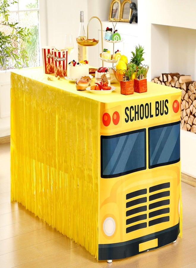Oudain 6 ft School Bus Tablecloth Back to School Bus Birthday Party Decoration Washable Fabric Polyester Rectangle Table Covers Protector Fringe Plastic Table Skirt for Home Party Supplies - Image 1