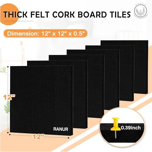 RANUR 6 Pcs Felt Bulletin Board (30×30 cm) Self Adhesive Notice Boards with 50 Pins, Vision Board for Manifestation, Message Board for Notes, Photos, Office & Home Wall Decor (Black) - Image 5