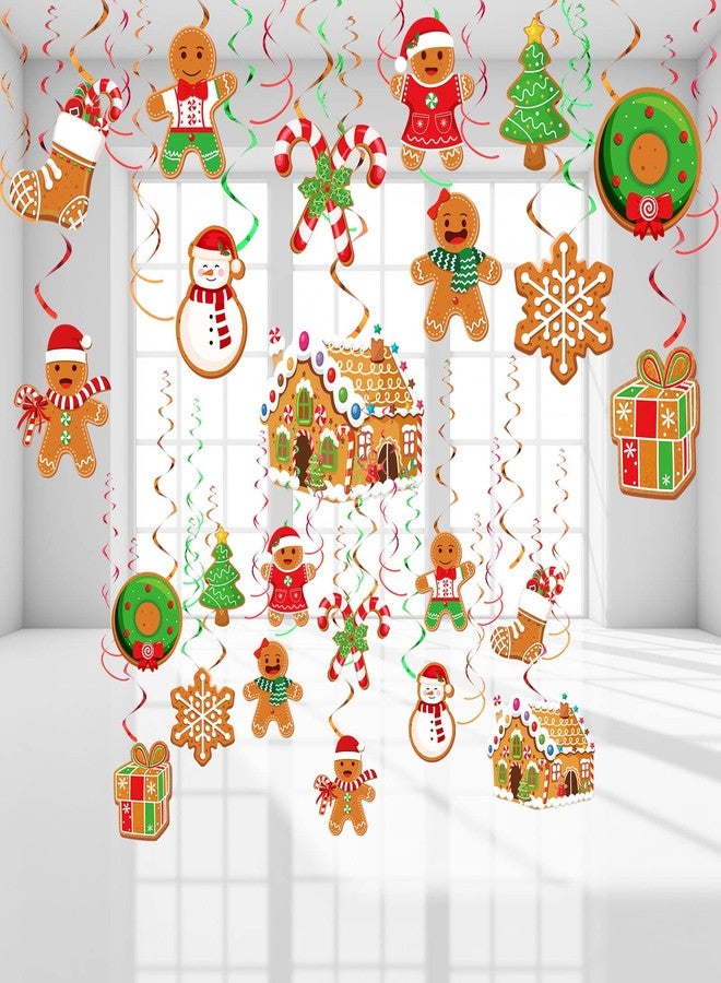 ABURRORI 52 Pcs Christmas Gingerbread Man Party Hanging Swirl Decorations, Merry Gingerbread Man Snowflake Christmas Tree Ceiling Hanging Streamers Swirl for Xmas Winter New Year Holiday Party Supplies - Image 1